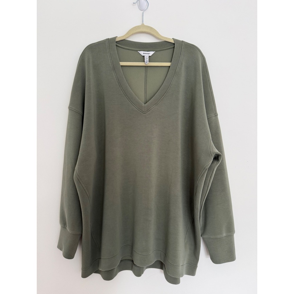 SPANX Green Solid Knit V-Neck Long Sleeve Pullover Top Womens 2XL Wash Wear
